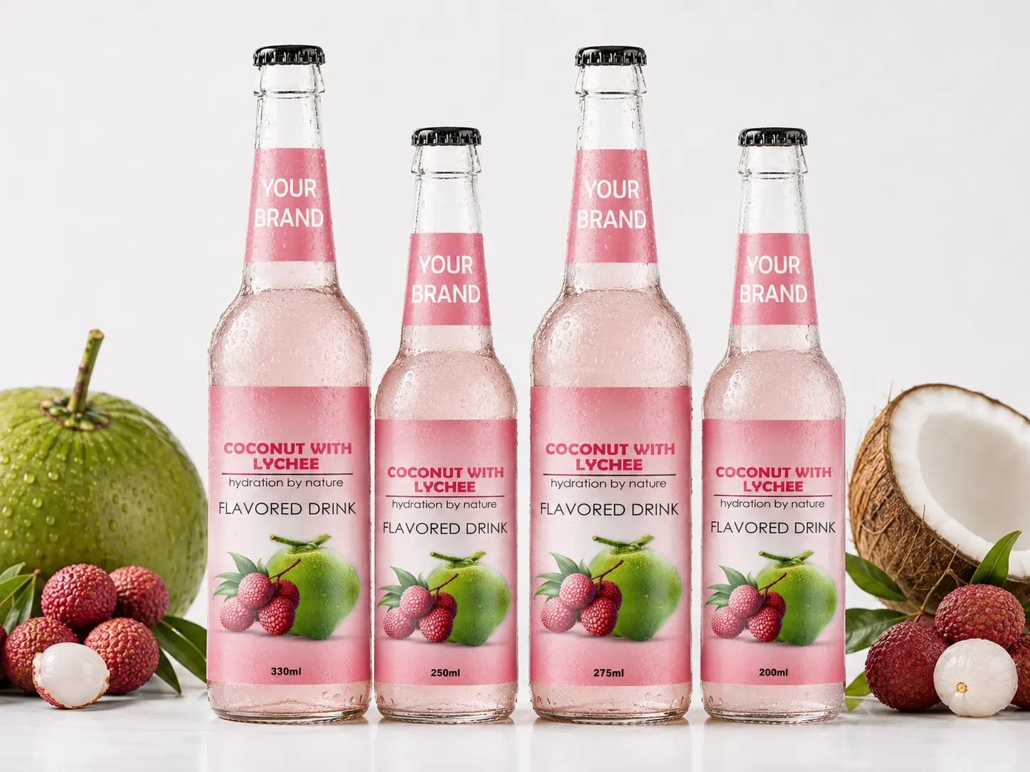 COCONUT FLAVORED DRINK lychee flavour shown in 330ml, 250ml, 275ml, and 200ml bottles.